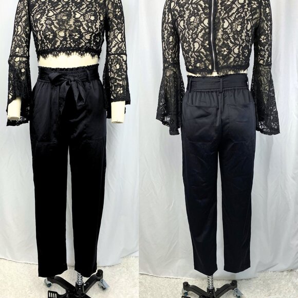 Abercrombie & Fitch black satin high rise taper paperbag trousers medium NWT - Picture 4 of 8